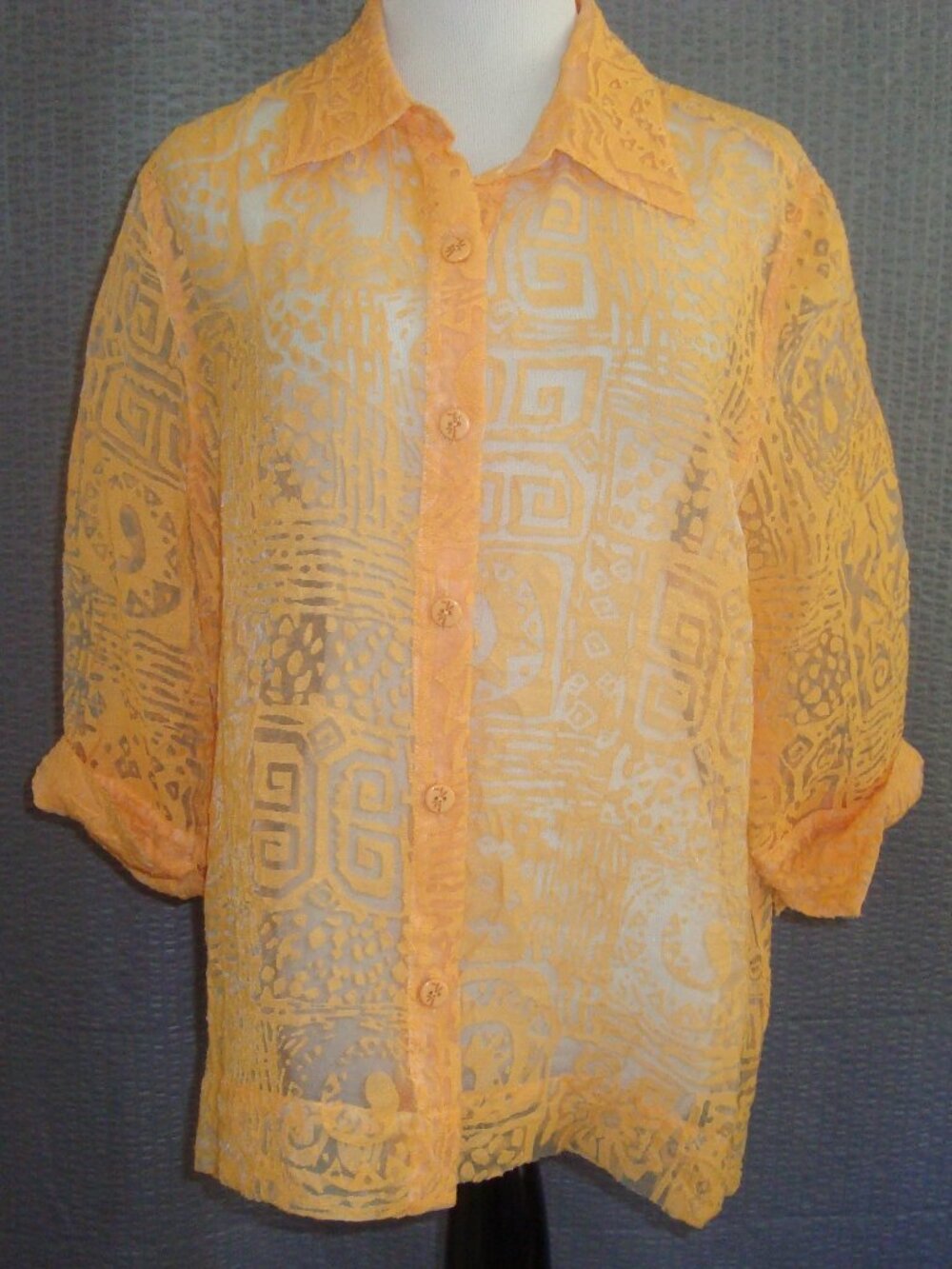 Ruby Rd Sheer Lace Orange Button Up Blouse Top sz L